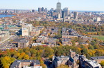 An aerial view of campus and Boston.